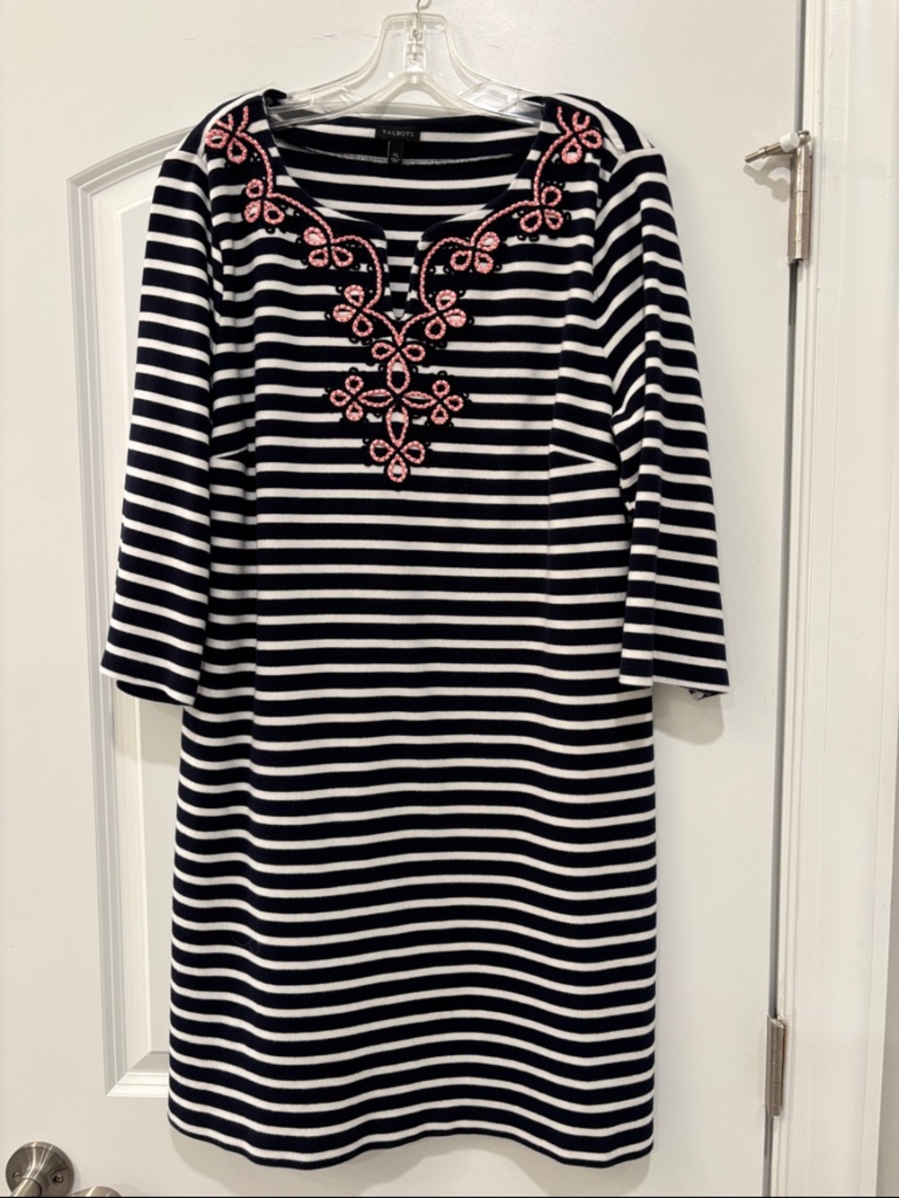 Talbots Navy and White Striped Long Sleeve Dress with Pink Embroidery